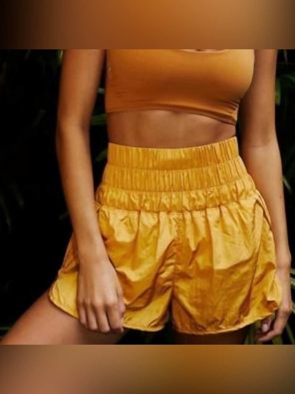 FP Movement by Free People Smocked High-Waist Golden Mustard Athletic Shorts